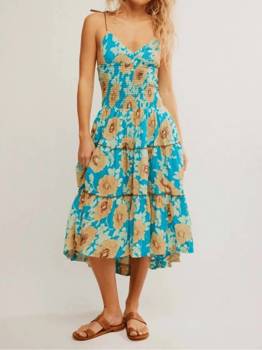 Free People Turquoise and Tan Floral Tiered Midi Dress